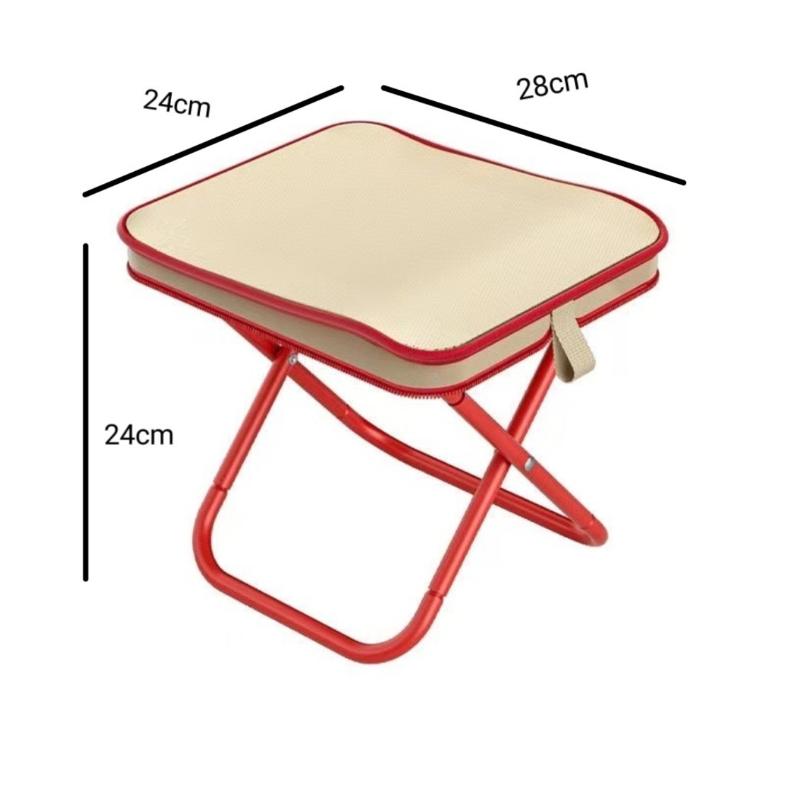 Scaun Pliabil, Vafy, pentru Adulti, Portabil, pentru Camping, Pescuit, din Panza Oxford si Cadru Metalic, 24 x 24 x 28 cm, Rosu/Bej