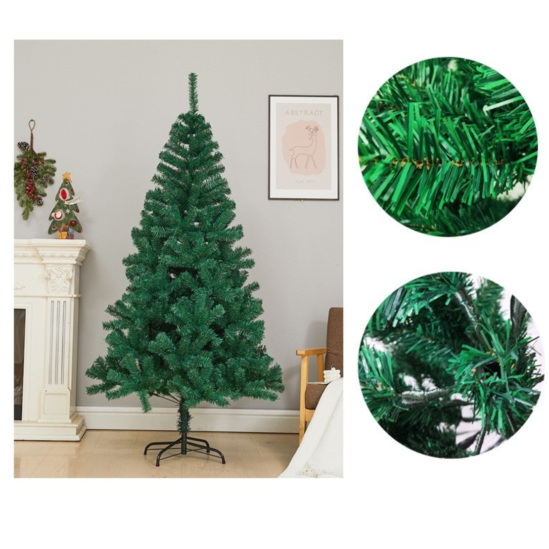 Brad de Craciun artificial cu suport inclus Flippy, 155 cm, 600 ramuri/varfuri, material plastic, suport clasic, fara iluminare, utilizat pentru interior/exterior, verde