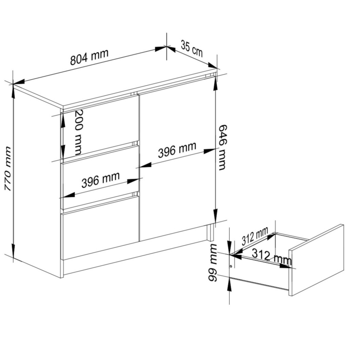 Comoda JERRY cu 3 sertare si dulap cu rafturi, PAL laminat, 80x35x77 cm, gri grafit