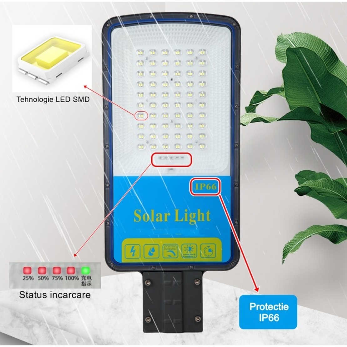 Lampa solara stradala Flippy, IP66, senzor de lumina, 240 LED-uri SMD, 3200 lm, panou 35W, putere 400W, autonomie 12-16 ore, telecomanda, montare prin fixare, pentru strada sau gradina, finisaj mat, material ABS, 49 x 21 x 5.5 cm, gri