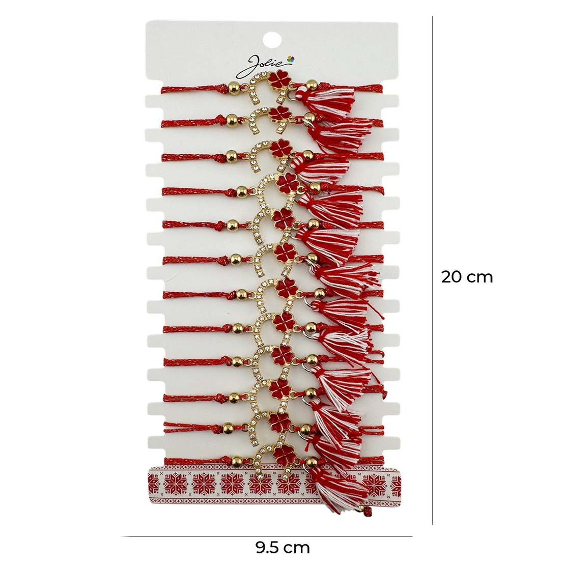 Martisor Bratara cu Ciucure pentru Dama, Jolie, Model Potcoava cu Trifoi, Set 12 bucati, Pandativ din Inox, Snur Reglabil, Rosu/Alb