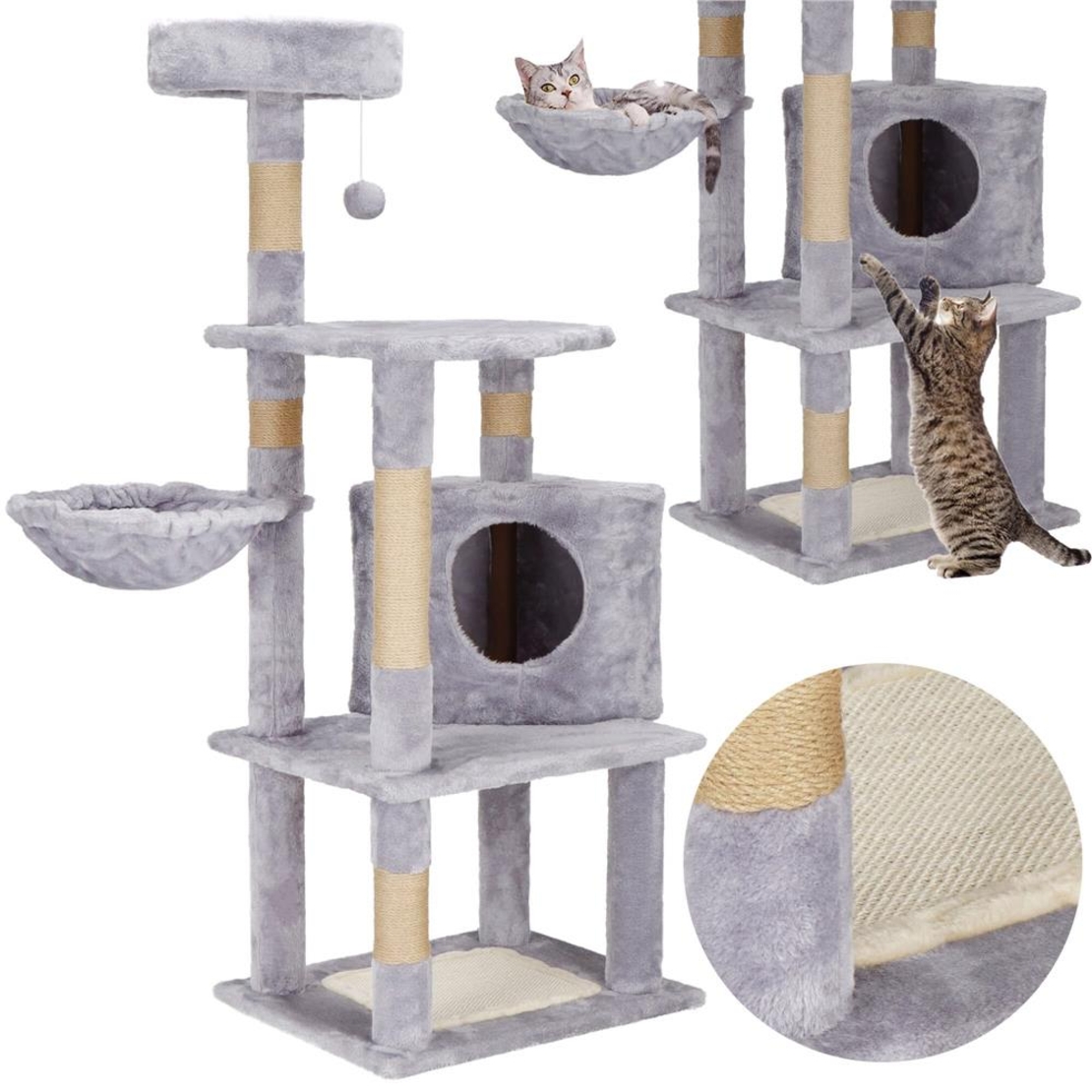 Ansamblu de joaca pentru pisici, cu loc pentru zgariat, ascuns, culcus, minge, 124cm, gri