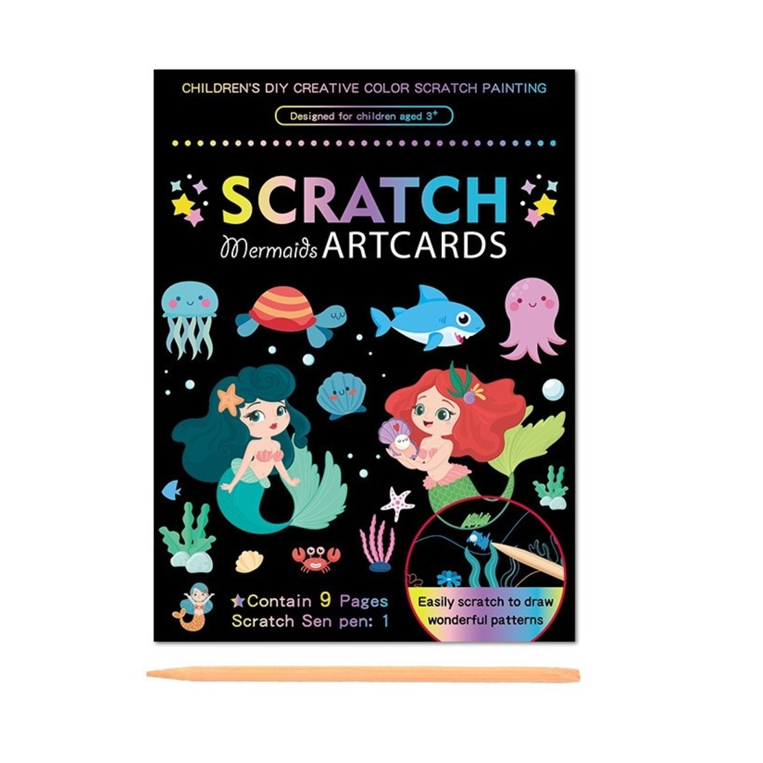 Set 9 Planse Razuibile, Flippy, Scratch ArtCards, +3 Ani, de Razuit si de Colorat, 19 x 14 cm, Model Sirene, Multicolor