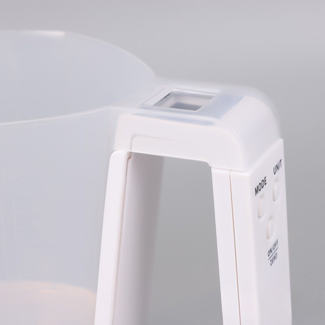 Cantar de Bucatarie 2 in 1, Vafy, Model Electronic, Tip Cana Gradata cu Masurare, pentru Lichide si Solide, Display Automat, 21.5 x 14.3 x 15 cm, Alb