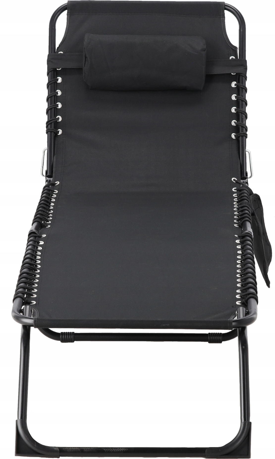 Sezlong pliabil 190x58x30 cm, cu spatar reglabil, perna si buzunar lateral, cadru metalic, negru
