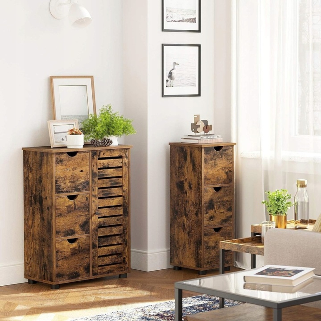 SONGMICS Comoda cu 3 sertare si dulap, 60x30x80cm, maro rustic