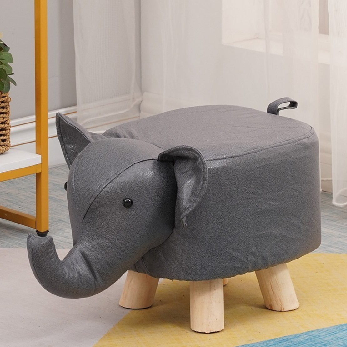 Taburet pentru Copii, Vafy, Scaun Tip Taburet, Model Elefant, din Lemn Masiv, Scaun pentru Copii, 30 x 25 x 25 cm, Gri inchis