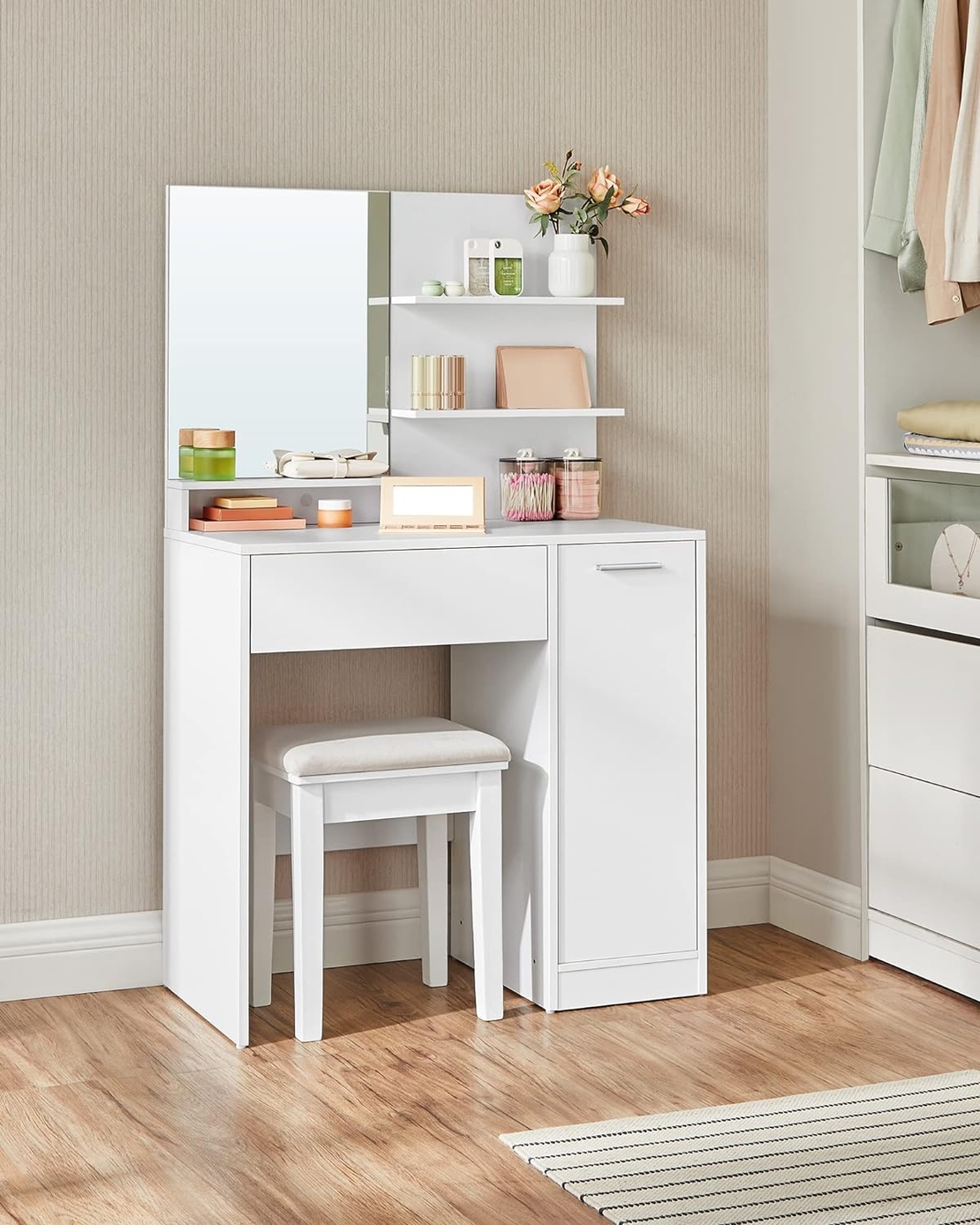 VASAGLE Masuta de toaleta cu oglinda, dulap si sertar pentru cosmetice, 80x40x132cm, alb