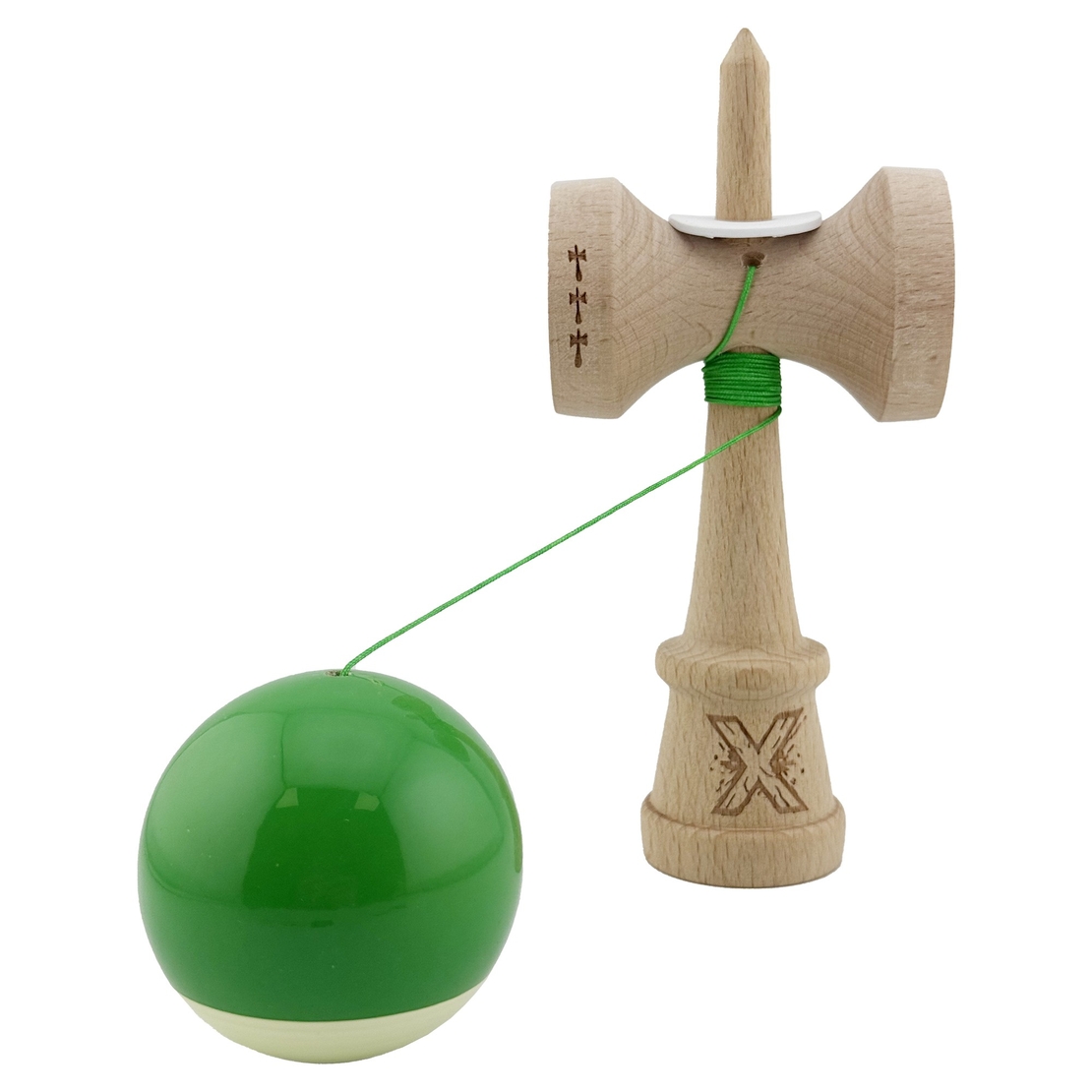 Kendama X Originala, Profesionala, Flippy, Super Sticky cu Cupe Mari KING SIZE V3, Gaura in Baza, Rulment Metalic, din lemn 18 cm, Ata 62/65 cm, Bicolor Verde/Alb