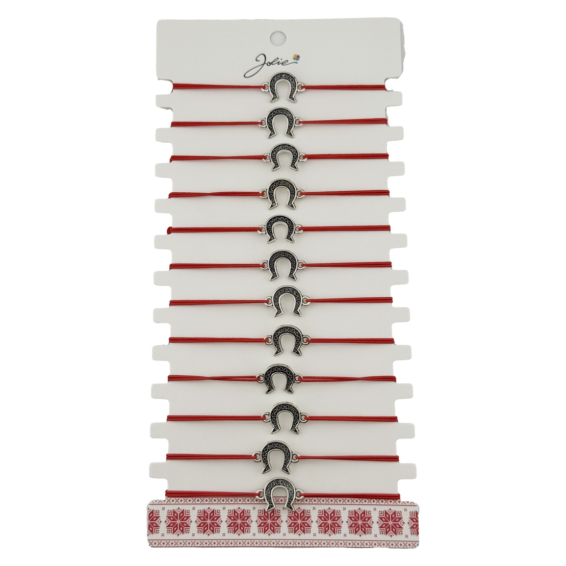 Bratara Martisor pentru Dama, Jolie, Model Potcoava, Set 12 bucati, Pandativ Argintiu din Inox cu Snur Rosu Ajustabil