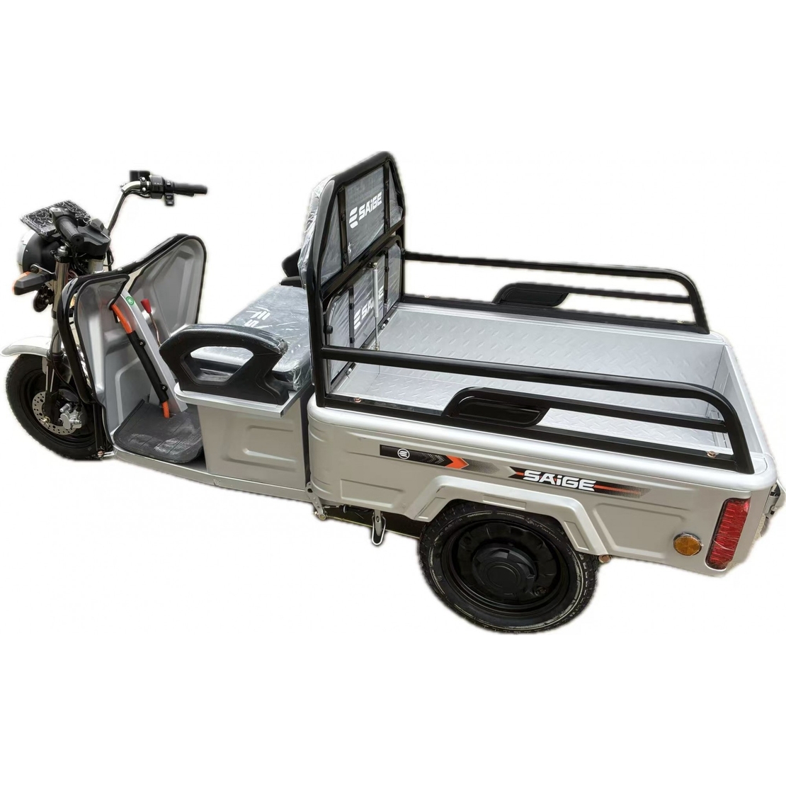 Triciclu Electric de Marfa XPB, Saige, Viteza Maxima 25 km/h, Motor 1600W, Baterie 60V/20Ah, Fara Permis, Mototricicleta Electrica de Transport, Gri