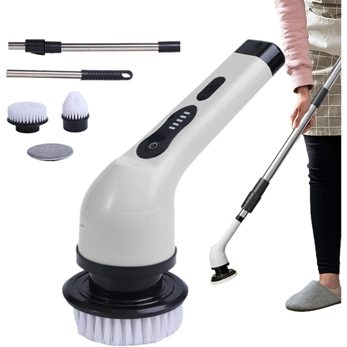 Perie Electrica de Curatare, Flippy, pentru Gresie, Baie, Bucatarie, 25x20x9.5 cm, cu 6 Capete, Maner Extensibil Detasabil 84-127cm, Incarcare USB-Type C, Rotire 360 de Grade, 3000 mAh, Culoare: Alb