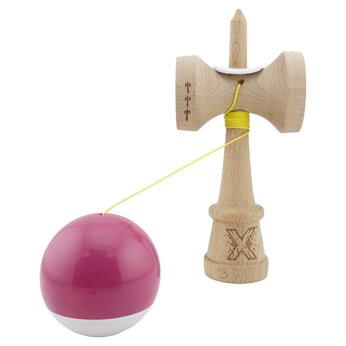 Kendama X Originala, Profesionala, Flippy, Super Sticky cu Cupe Mari KING SIZE V3, Gaura in Baza, Rulment Metalic, din lemn 18 cm, Ata 62/65 cm, Bicolor Roz inchis/Alb