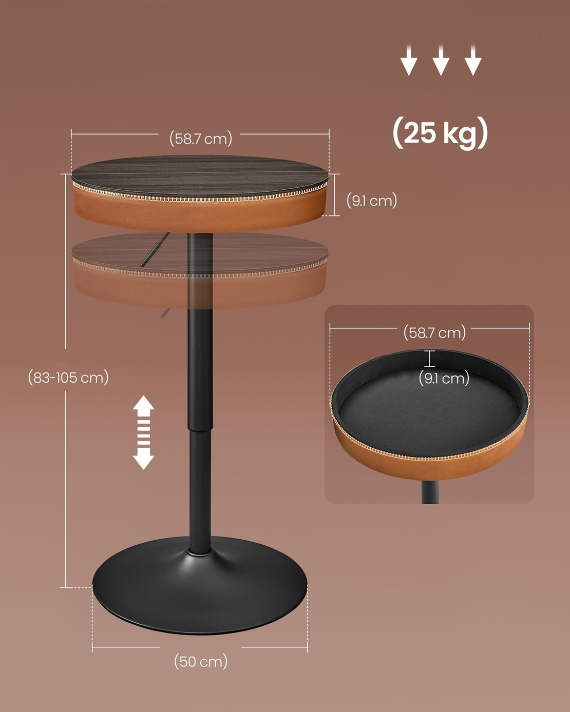 VASAGLE Masa de bar maro caramel, 59x59x(83-105) cm – inaltime reglabila, compartiment de depozitare
