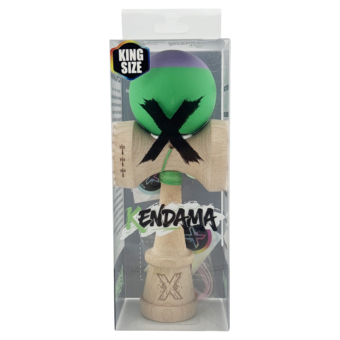 Kendama X Originala, Profesionala, Flippy, Rubber Grip, Cupe Mari KING SIZE V3, Gaura in Baza, Rulment Metalic, din lemn 18 cm, Ata 62/65 cm, Bicolor Mov/Verde