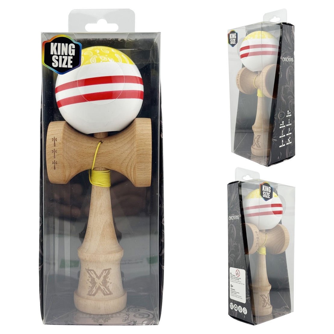 Kendama X CHICANOS Originala, Profesionala, Flippy, Big Cups V2, Super Sticky cu Cupe Mari, Rulment Metalic, din lemn 18 cm, Ata 55 cm, Auriu/Alb