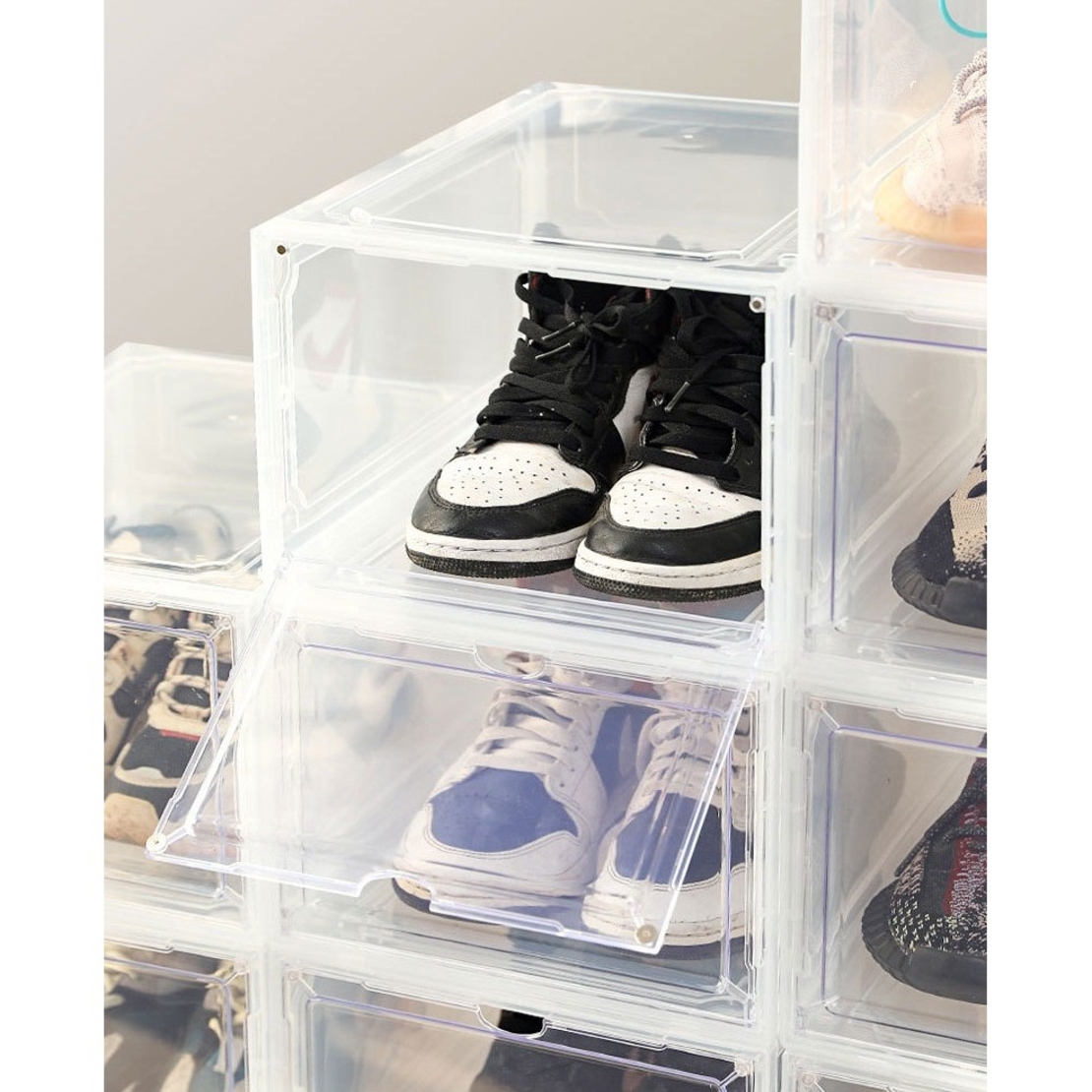 Organizator de Pantofi, Flippy, din PP+ABS, Usa Frontala Magnetica, Rezistenta la Praf, Anti-Oxidare, Utilizare Multipla, 36 x 28 x 21 cm, Transparent
