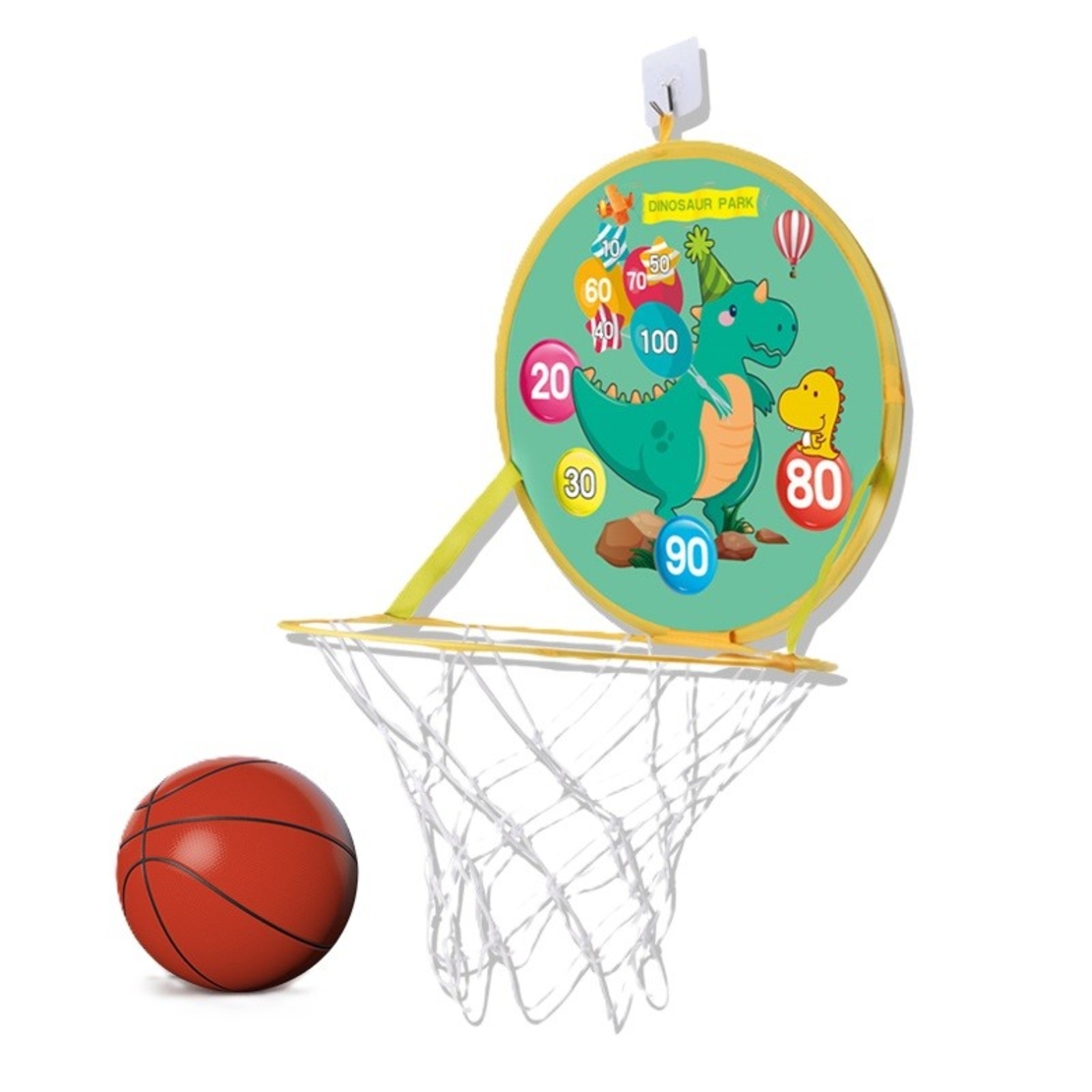 Jucarie Interactiva, Flippy, 2 in 1, Cos de Basket si Tinta de Darts, Minge 16 cm, Pompa, 8 Mingii cu Scai, Model Dragon, Multicolor