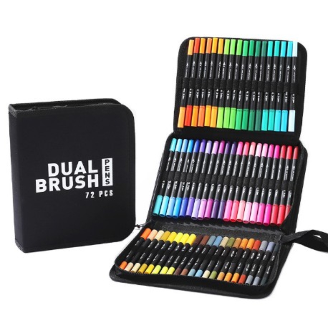 Set Carioci pe Baza de Apa, Flippy, 2 in 1, pentru Pictura, Caligrafie, 72 Culori, Penar Negru, Corp Carioca Negru, 24.5 x 18.5 x 5 cm, Multicolor