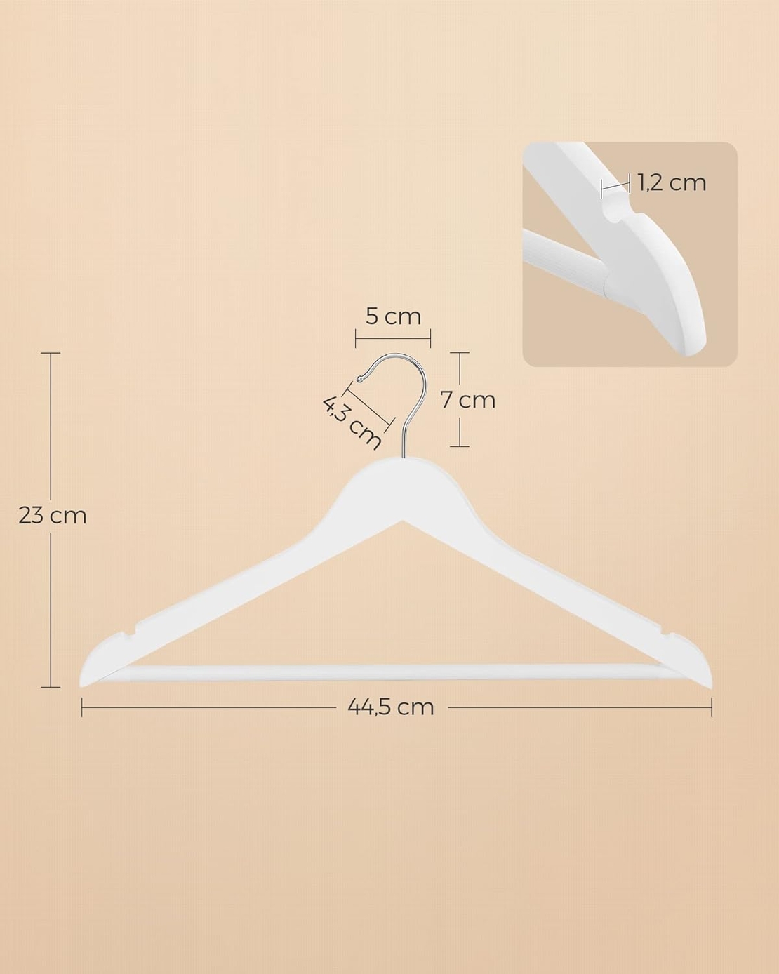SONGMICS Set de 20 umerase din lemn, cu bara anti-alunecare pentru pantaloni, carlig pivotant la 360°, 45cm, alb