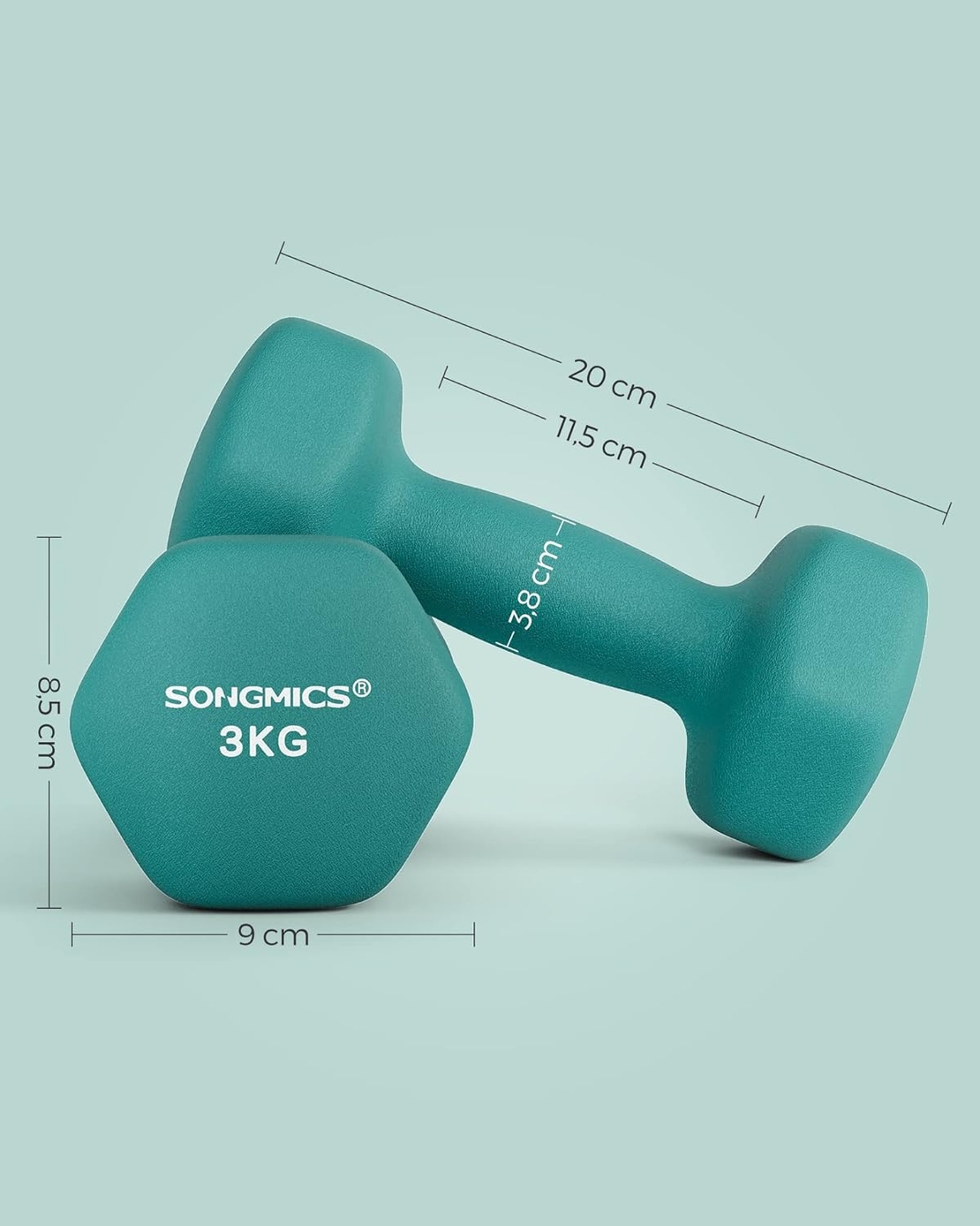 SONGMICS Set gantere fitness hex 2x3 kg, antiderapante, din fier invelit in vinil, verde