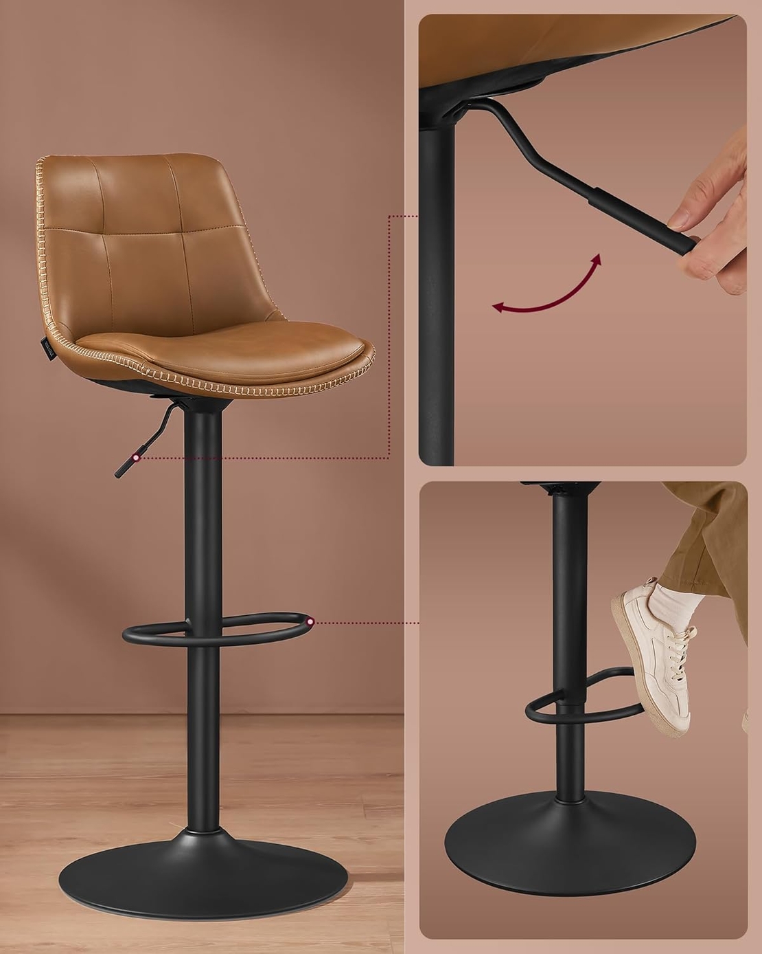 VASAGLE Set 2 scaune bar reglabile, rotative 360°, tapiterie PU, cadru metalic, 44x30x90-112 cm, maro caramel