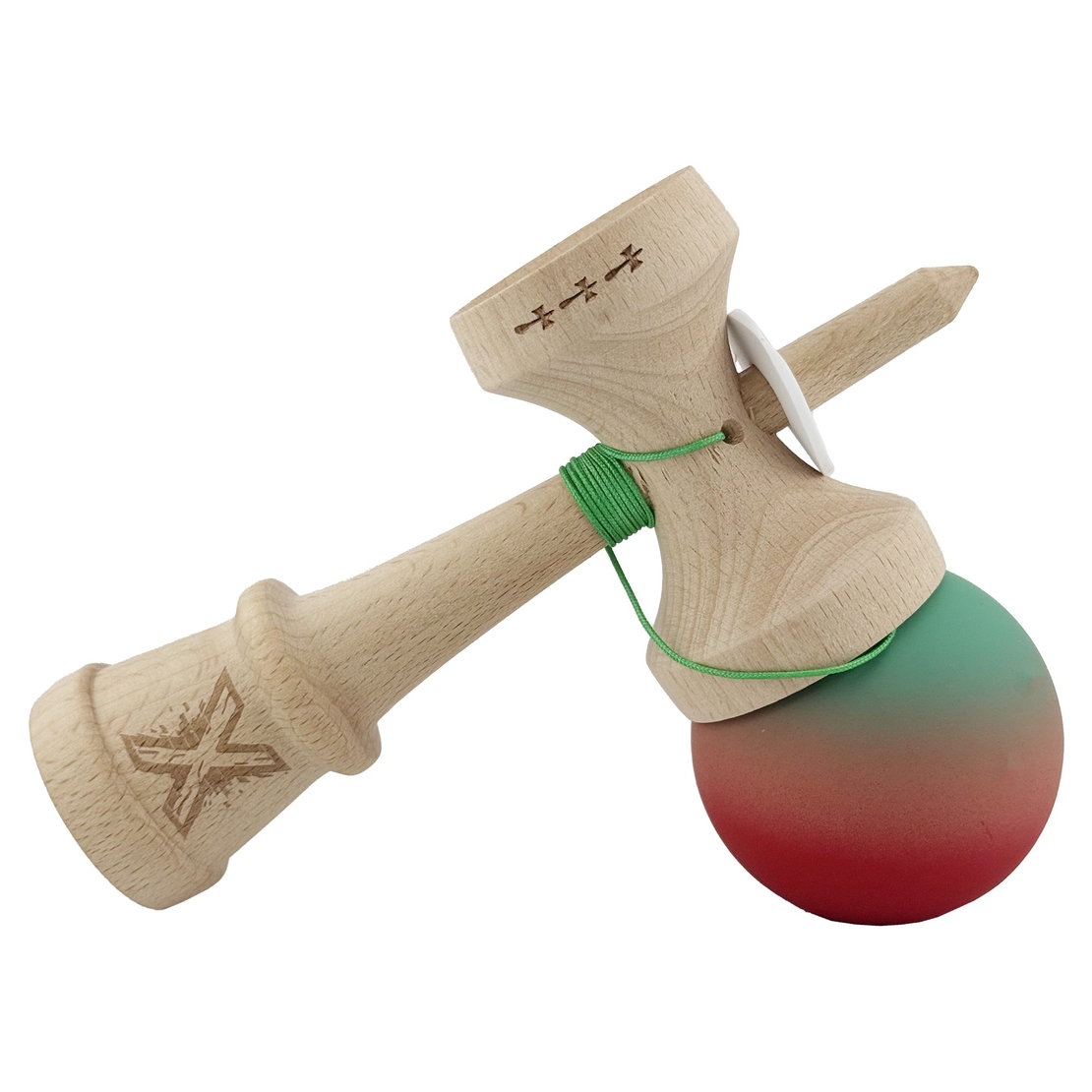 Kendama X Originala, Profesionala, Flippy, Cupe Mari KING SIZE V3, Rubber Grip, Gaura in Baza, Rulment Metalic, din lemn 18 cm, Ata 62/65 cm, Gradient Verde/Roz/Rosu