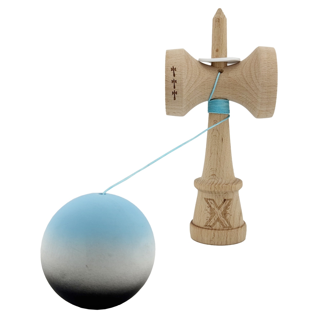 Kendama X Originala, Profesionala, Flippy, Cupe Mari KING SIZE V3, Rubber Grip, Gaura in Baza, Rulment Metalic, din lemn 18 cm, Ata 62/65 cm, Gradient Albastru deschis/Alb/Negru