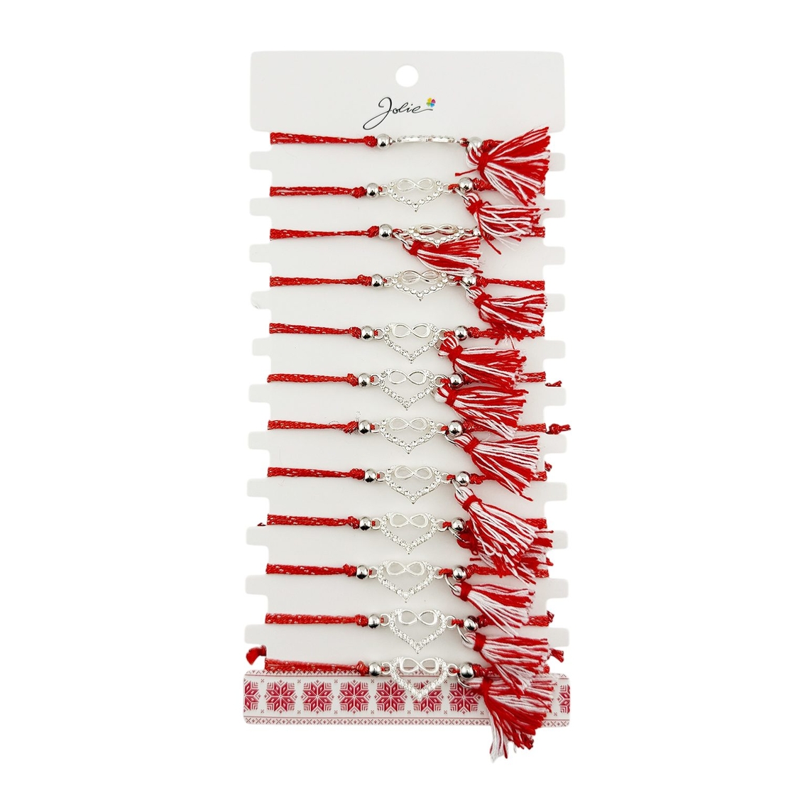 Martisor Bratara cu Ciucure pentru Dama, Jolie, Model Inima Infinit, Set 12 bucati, Pandativ din Inox cu Pietre, Snur Reglabil, Rosu/Alb