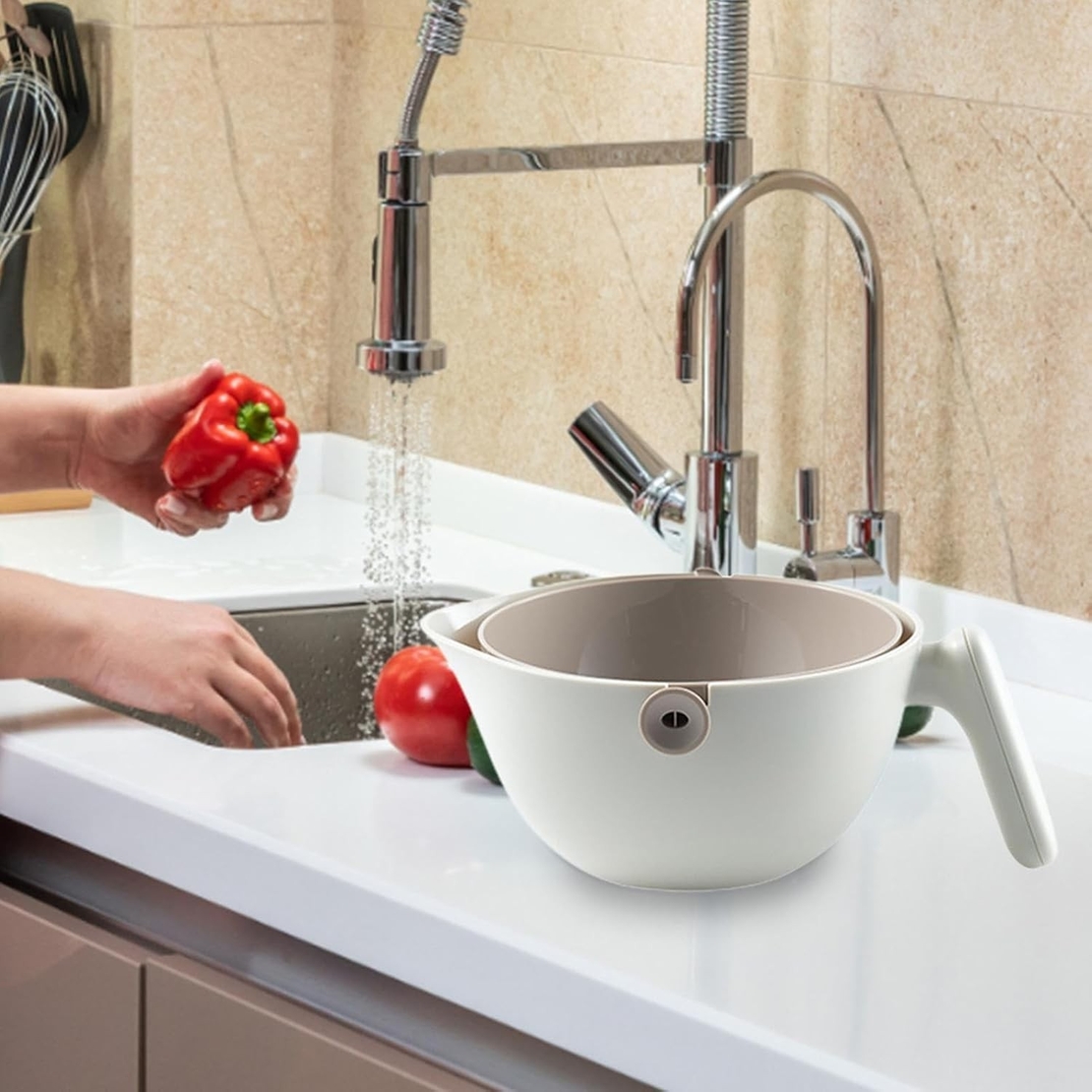 Bol cu Doua Straturi, Flippy, pentru Fructe, Legume, cu Cos de Scurgere a Apei, 2L, din ABS+PP, 29.9 x 22.5 x 11.8 cm, Alb - Gri