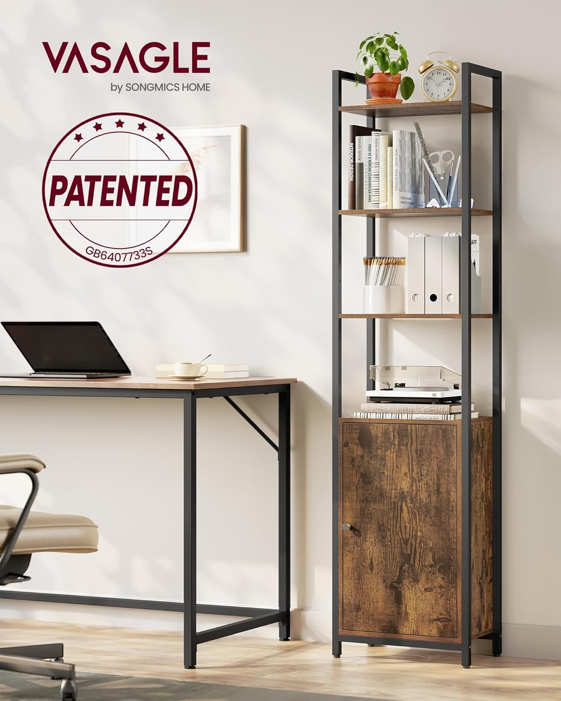VASAGLE Biblioteca inalta cu 6 rafturi si dulap, cadru metalic, rafturi reglabile, stil vintage, 40x24x160 cm, maro rustic