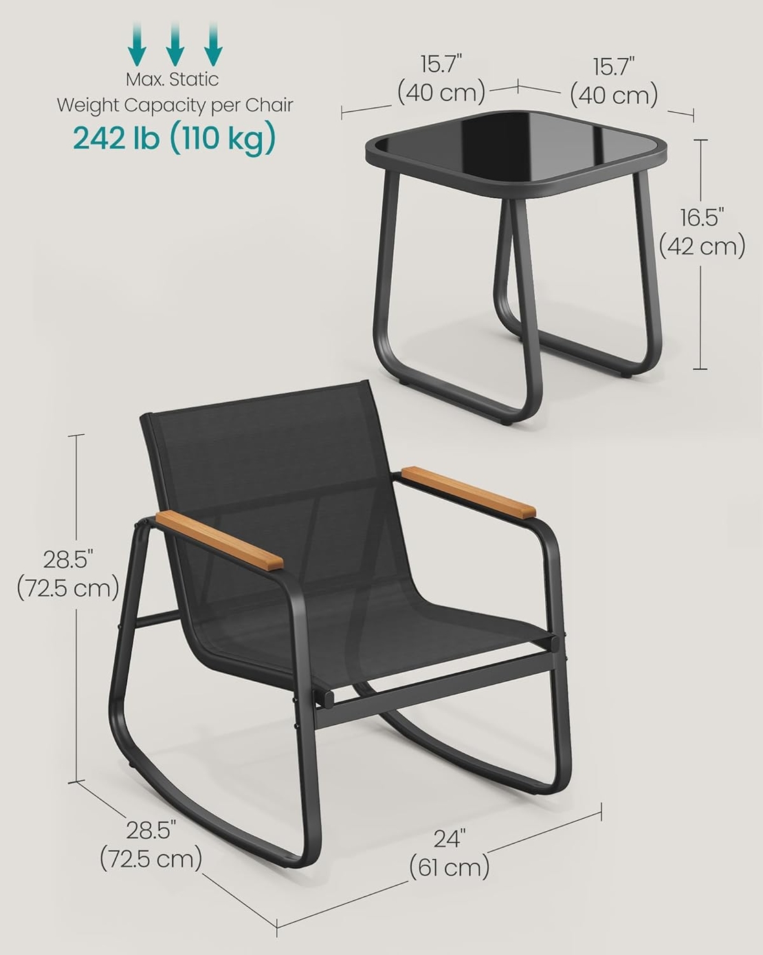 SONGMICS Set mobilier gradina cu 2 scaune balansoar si masa, cadru metalic, negru