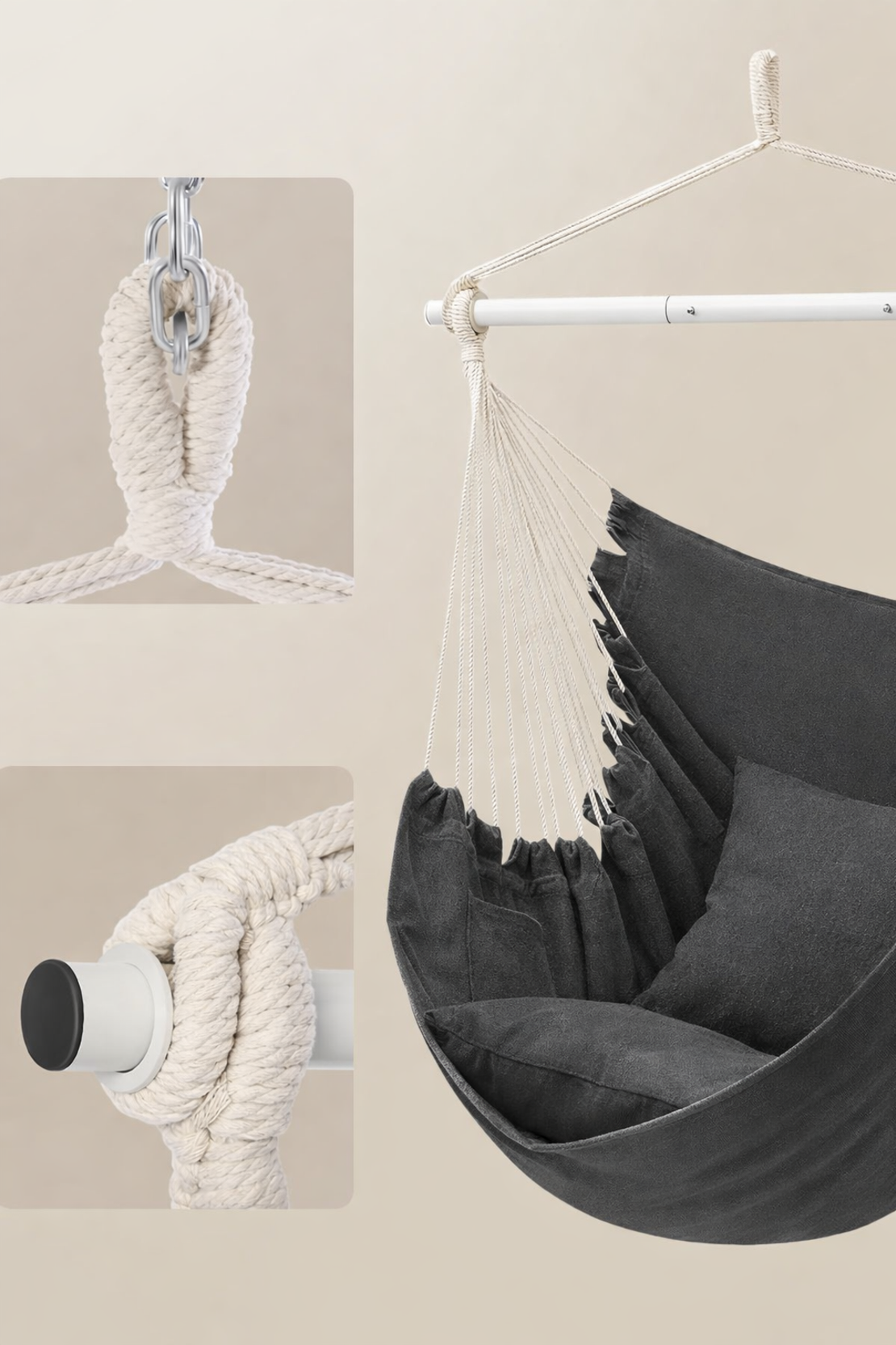 SONGMICS Fotoliu suspendat tip hamac cu 2 perne, lant si carabiniera incluse, 150x128 cm, gri inchis