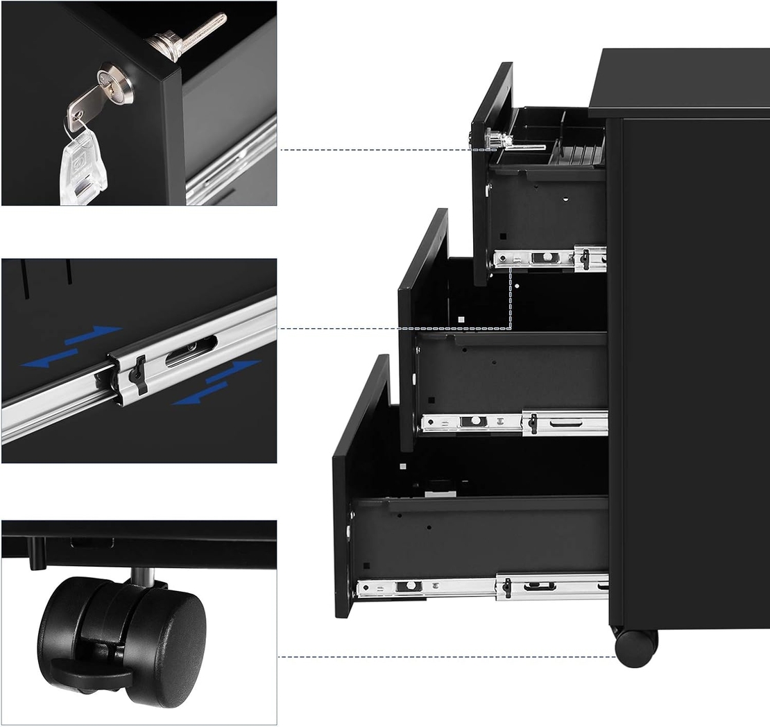 SONGMICS Dulap mobil rollbox pentru birouri, 3 sertare pentru documente, corp pre-asamblat, 45x39x54 cm, negru