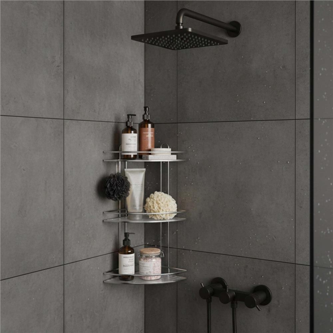 Etajera de colt pentru dus, cu 3 polite, montaj pe perete, inox, 25x25x59 cm, argintiu