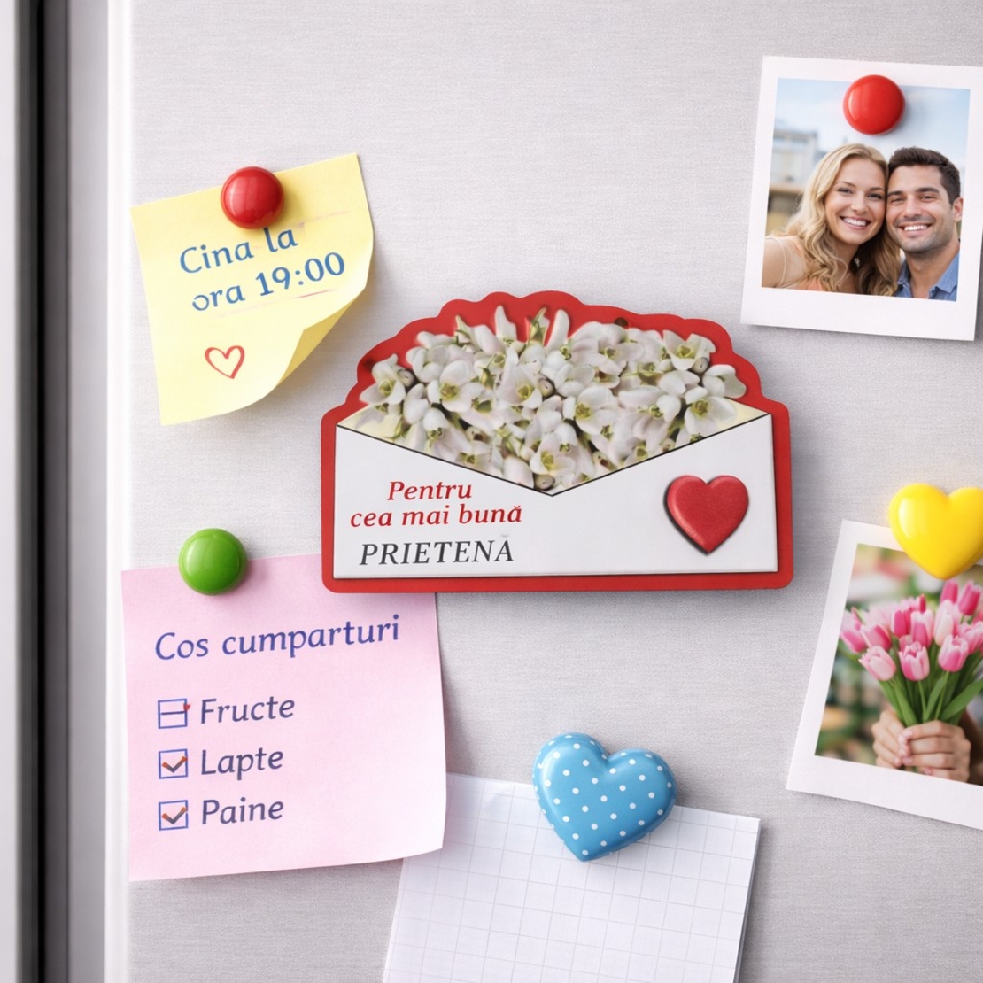 Magneti Decorativi Martisor, Set 24 Piese, Jolie, Tema Mesaj Pentru Cea Mai Buna Prietena, Carton Laminat cu Magnet Flexibil, 8x6 cm, Multicolor