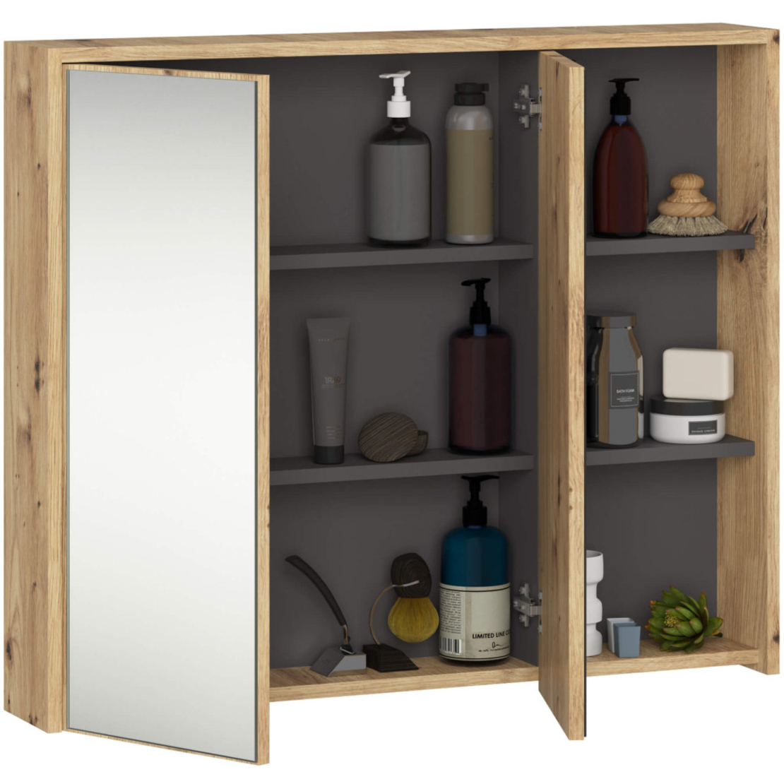 Dulap de baie suspendat cu oglinda, 2 usi si 3 rafturi interioare, PAL 16 mm, 90x15x75 cm, stejar artisan si gri