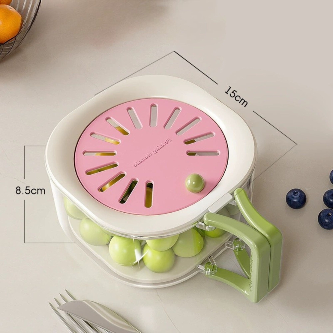 Cos de Scurgere pentru Fructe 2 in 1, Vafy, din Plastic Durabil, Filtru Telescopic, Scurgator de Fructe si Legume, pentru Uz Casnic, 15 x 15 x 8.5 cm, Roz/Bej
