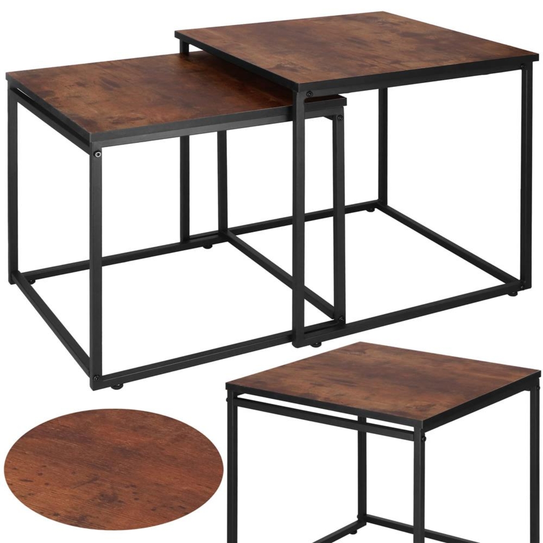 Set 2 mese pentru cafea, cadru otel, stil industrial, 50x50x52 cm si 45x45x47 cm, maro