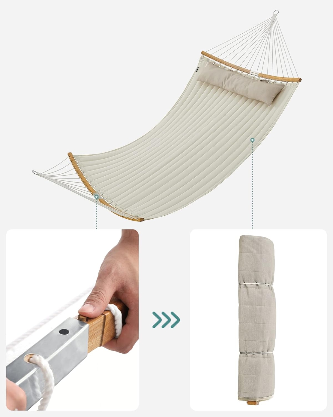 SONGMICS Hamac dublu cu bare curbate din bambus, perna inclusa, maxim 225 kg, 200x140 cm, crem