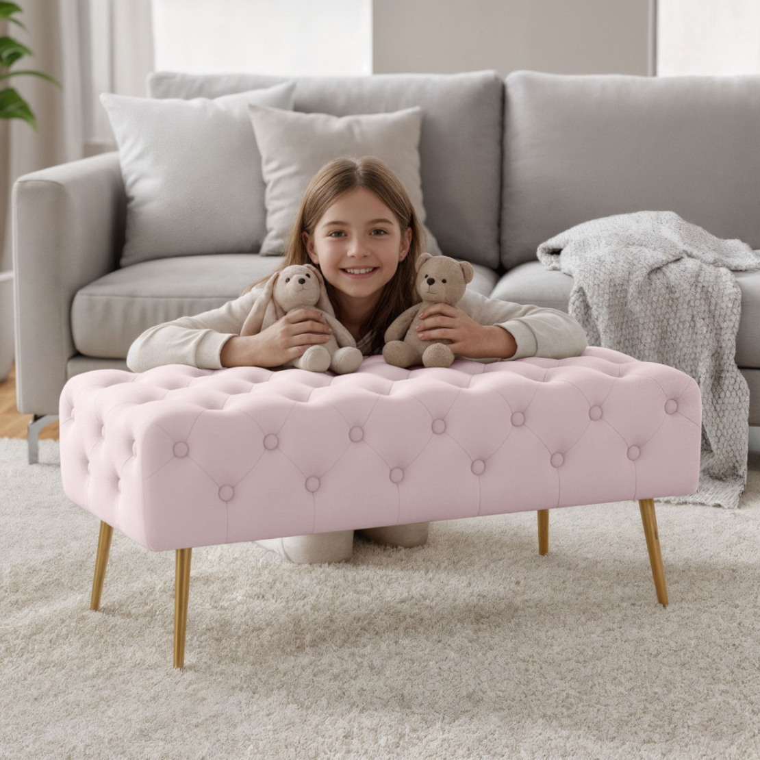 Taburet Monaco, tapitat cu catifea, tip banca, cu picioare metalice, 100x42x41 cm, roz pudra