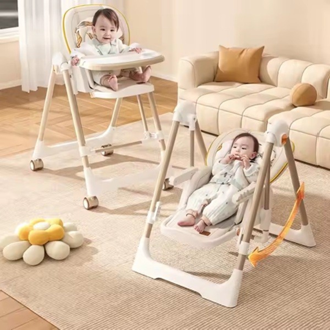 Scaun de Masa 2in1, Flippy, pentru Copii 6 luni - 4 Ani, Pliabil, cu Roti, Balansoar, Leagan, Reglabil, Tava de Masa Dubla, Centura in 5 Puncte, 96 x 56 x 76 cm, Sampanie