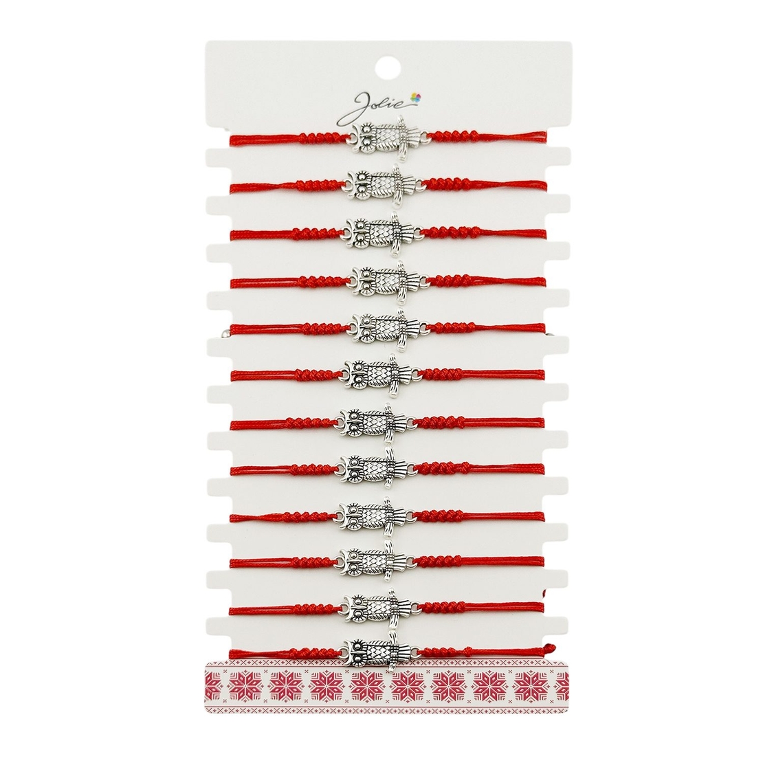 Martisor Bratara Impletita cu Pandantiv din Inox, Jolie, pentru Dama, Set 12 bucati, Snur Rosu Textil, Dimensiune Reglabila, Model Bufnita