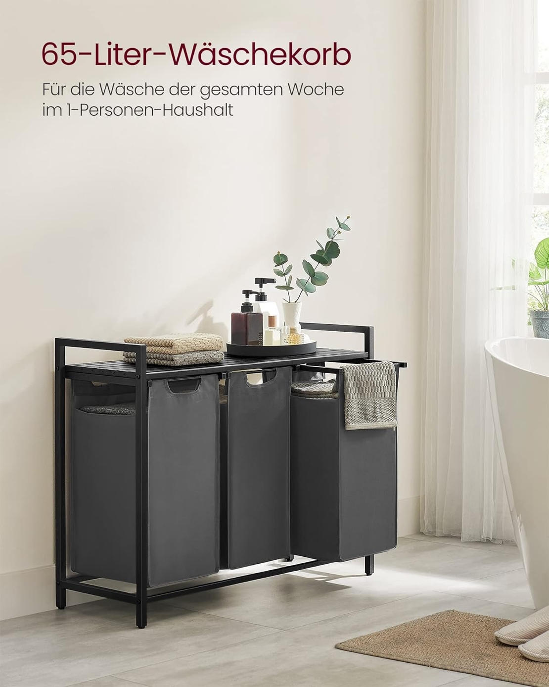 VASAGLE Cos de rufe, 3 compartimente, saci de rufe detasabili, raft, cadru metalic, 3x38L, 93x33x72 cm, negru