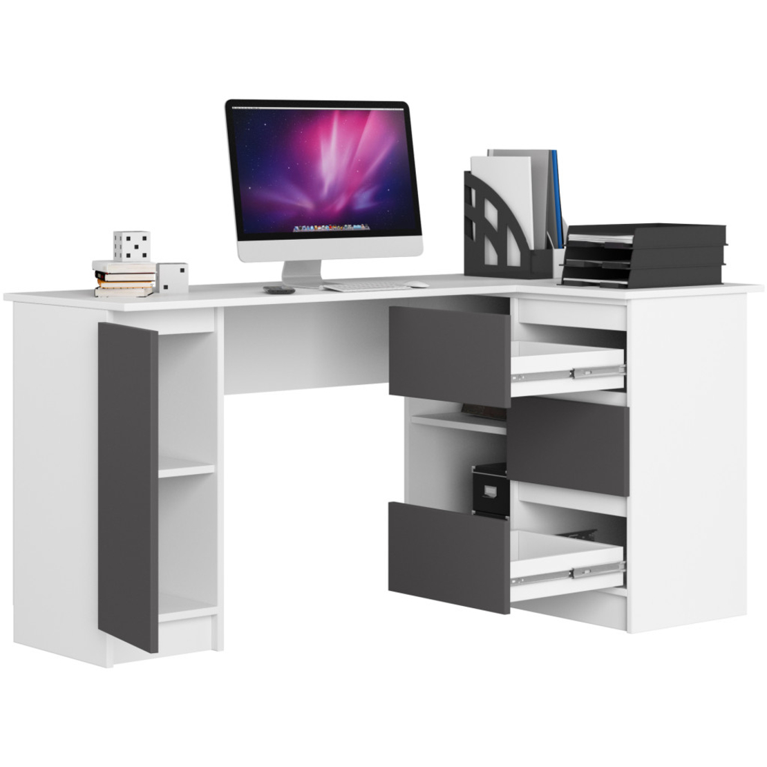 Birou colt dreapta in L cu 3 sertare si rafturi, PAL laminat 16 mm, 155x85x77 cm, alb si gri