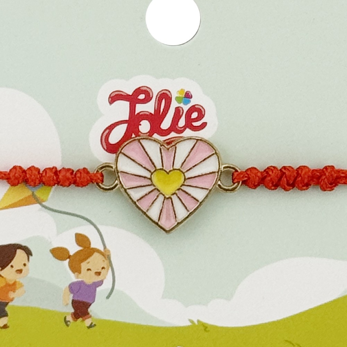 Martisor Bratara pentru Copii, Jolie, Model Inima, din Metal Auriu cu Snur Impletit Rosu, Roz