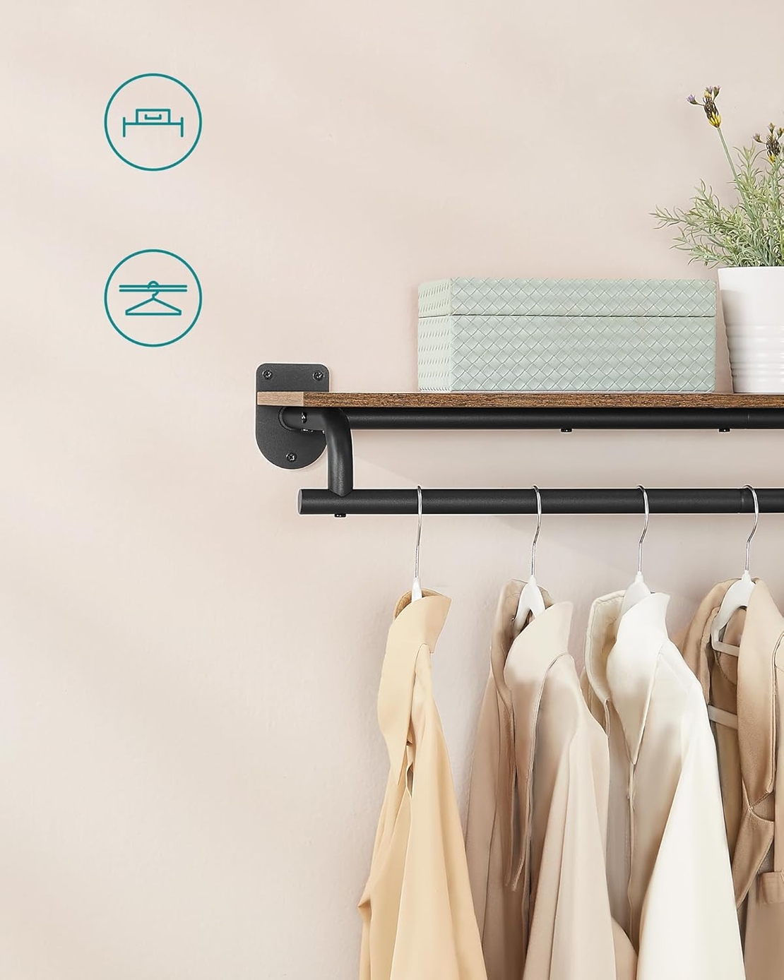 SONGMICS Cuier cu montaj pe perete cu bara pentru umerase si raft, capacitate 60 kg, stil industrial, 109x28x13 cm, maro rustic