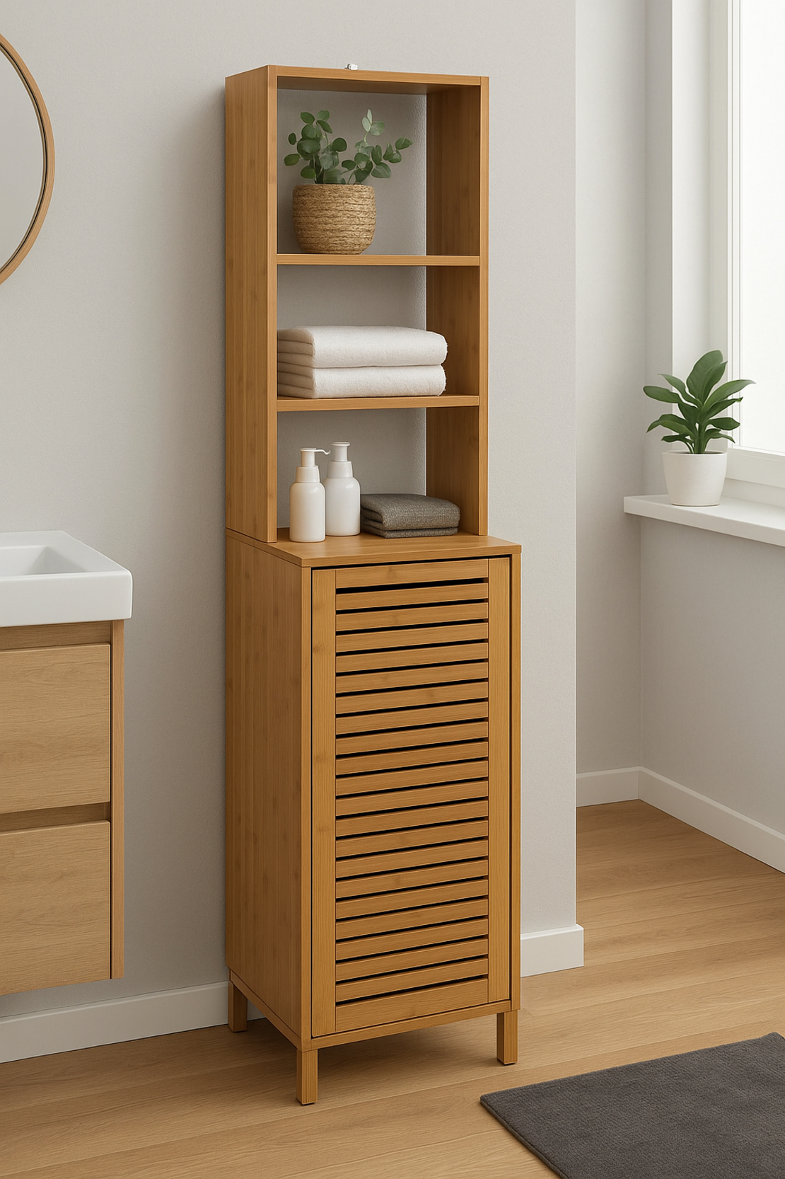 Dulap baie 5Five Sicela cu usa si rafturi, bambus, 38x33x168 cm, natur