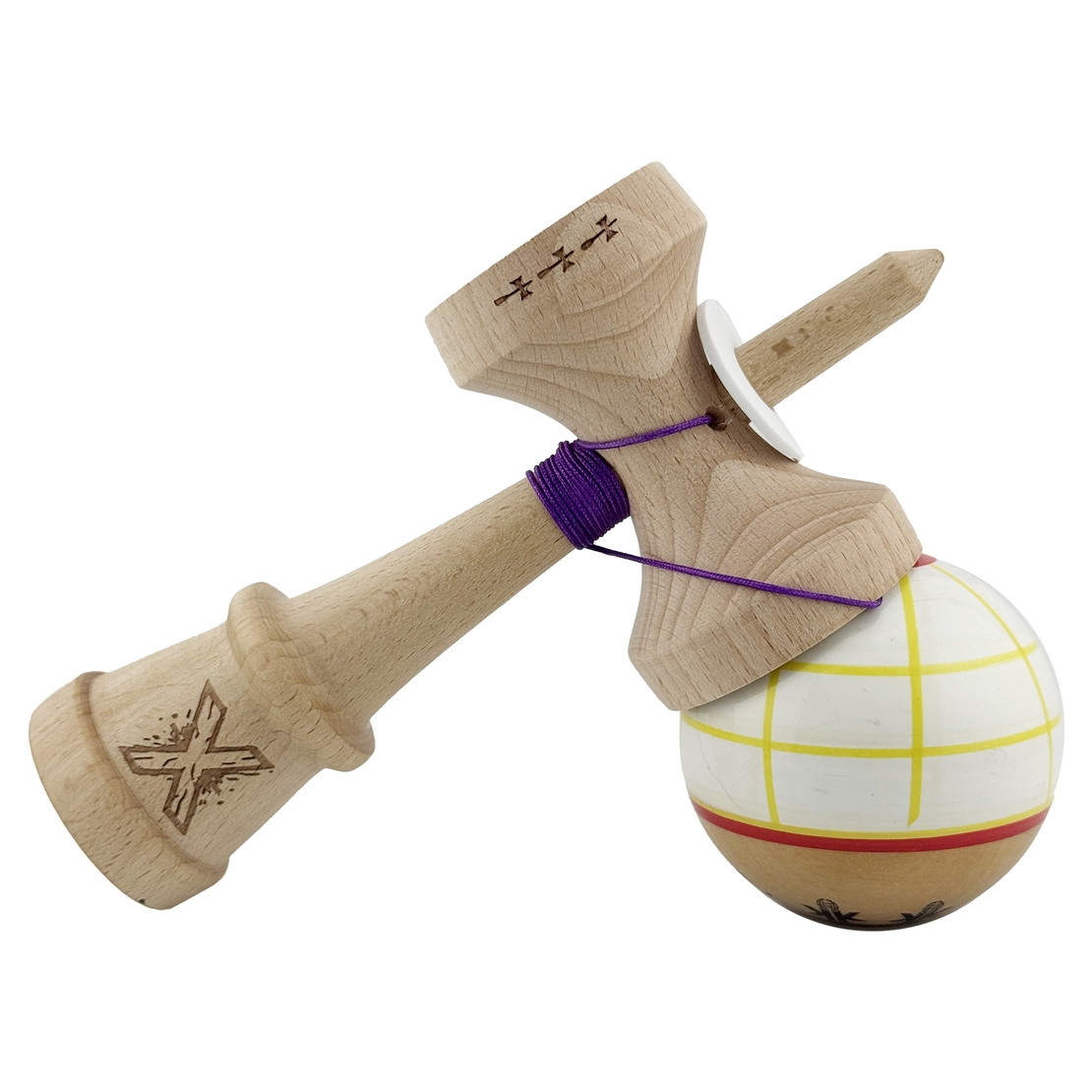 Kendama X Originala, Profesionala, Flippy, Legendary Glob, Cupe Mari KING SIZE V3, Super Sticky, Gaura in Baza, Rulment Metalic, din lemn 18 cm, Ata 62/65 cm, Alb/Galben/Rosu