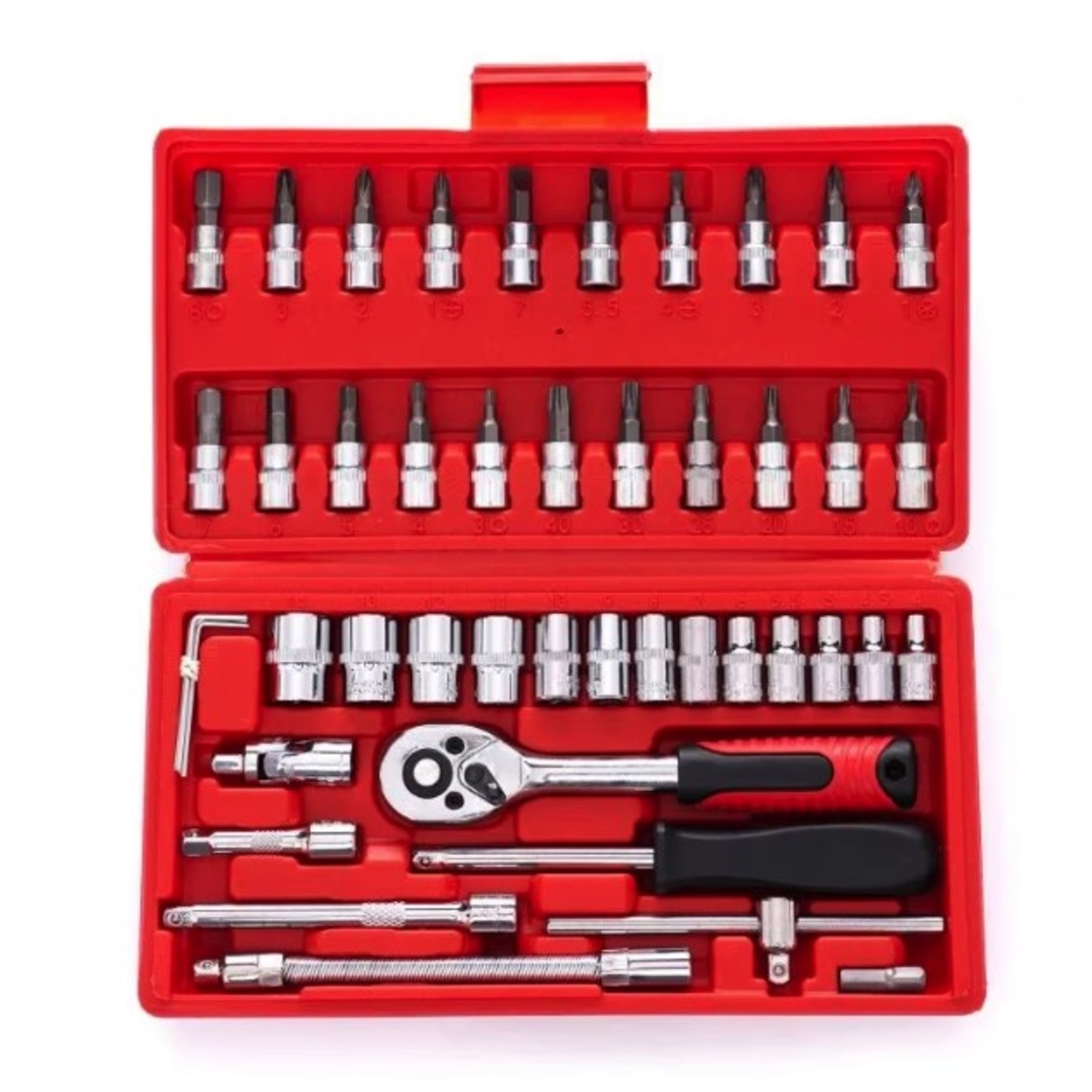 Chei tubulare Set 46 de Piese, Flippy, Trusa Scule de Reparatii Auto, Prelungitoare Rigid si Flexibil, Articulatie Cardanica, Antrenor de Forta Glisant, Adaptoare, Maner pentru Surubelnita, 23 x 12 x 4 cm, 1.9 kg, Cutie Rosie